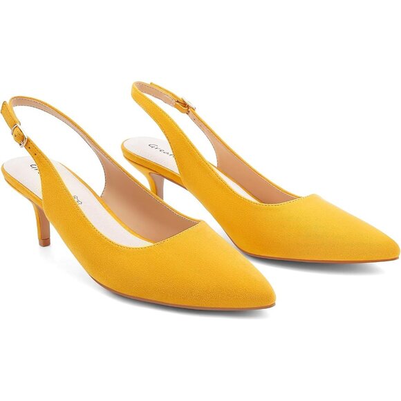Women’s Yellow Suede Closed Pointed Toe Kitten Heels Slingback Pumps Shoes - Picture 5 of 6